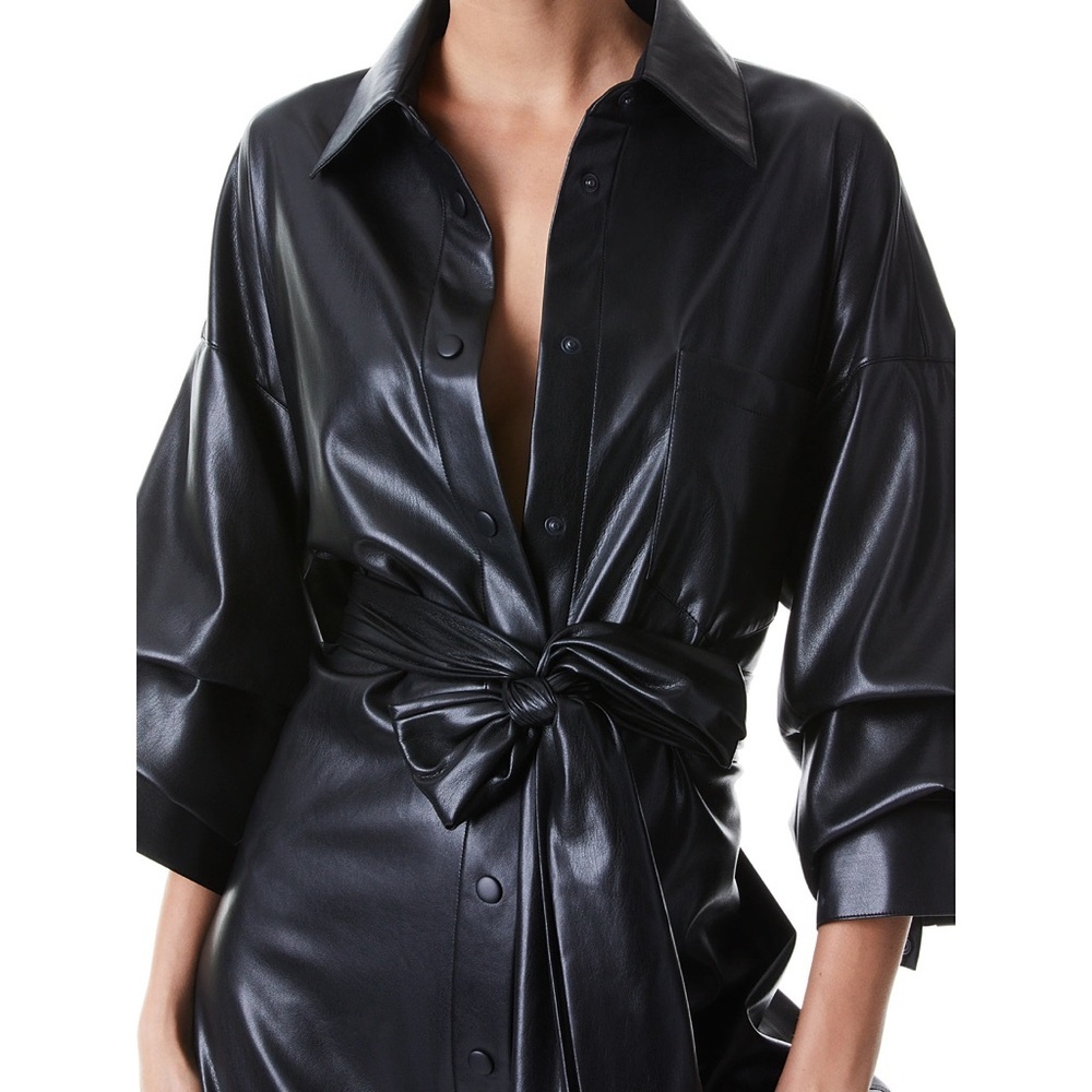 Alice + Olivia Tanika Vegan Leather Button Front Collared Black Maxi Dress - Picture 5 of 15